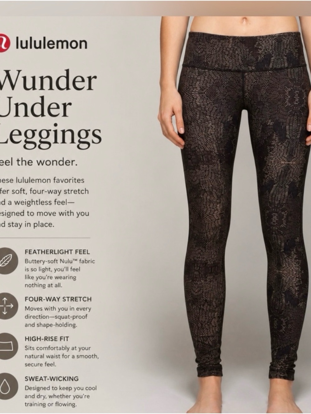 lululemon athletica Black and Brown Patterned Wunder Under Leggings